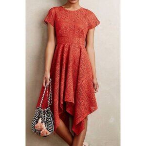 Maeve Anthropologie Coral Asymmetrical Hem‎ Eyelet/Lace Dress Size 10